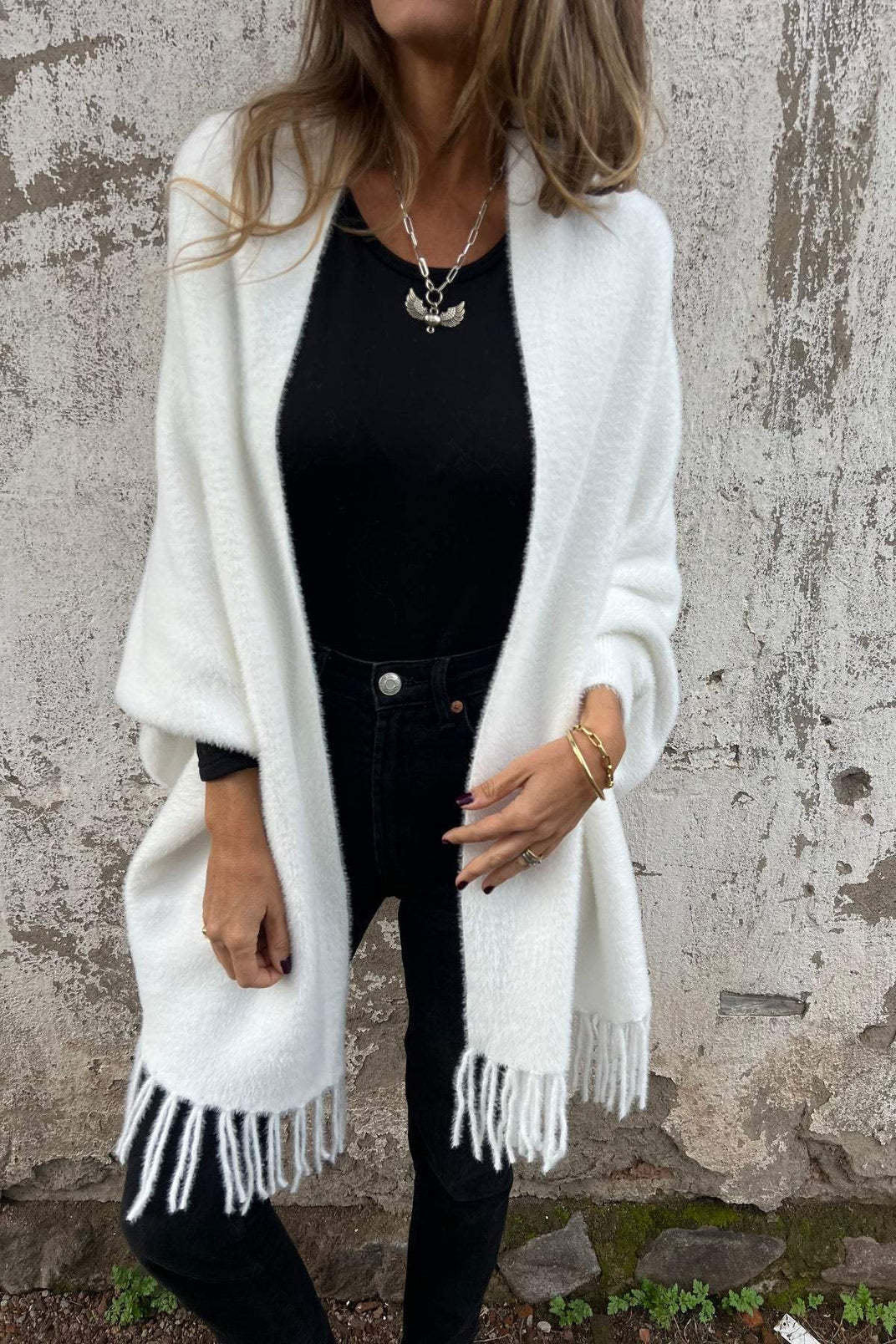 Knitted plush tassel shawl