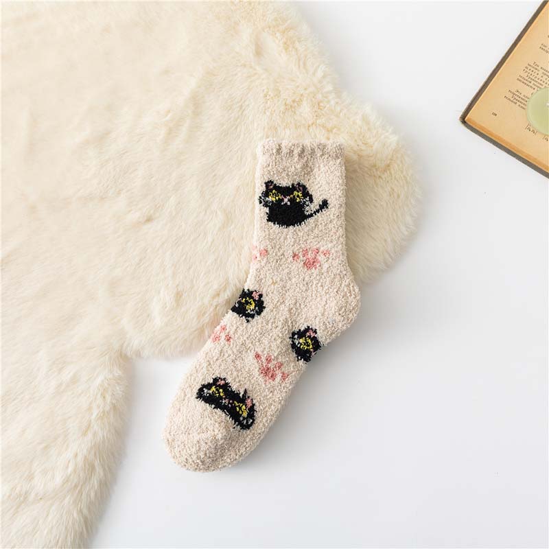 Wärme Socken Mit Katzen-Druck Beige