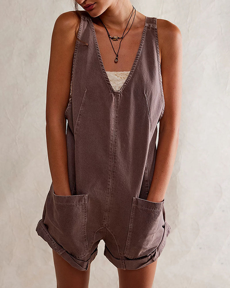 Washed distressed vest denim rompers