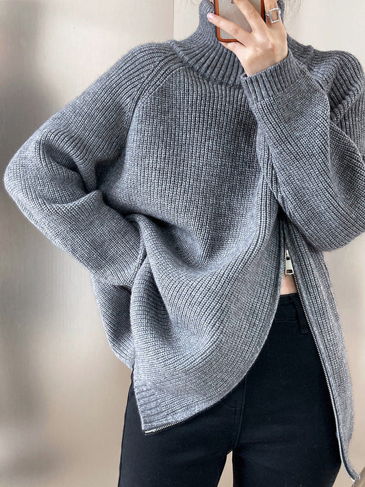 Turtleneck side zip solid color knit sweater