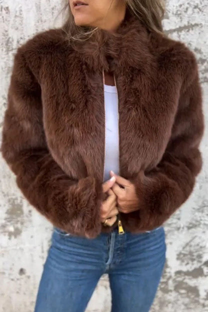 Faux Fur Turtleneck Zip-Up Blazer