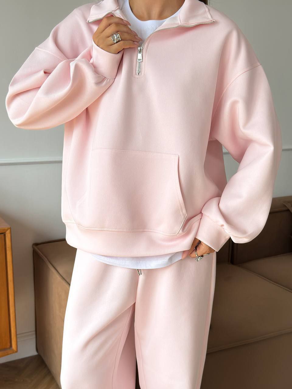 Zippered half-high collar pullover sweatshirt and wide-leg pants two-piece suit