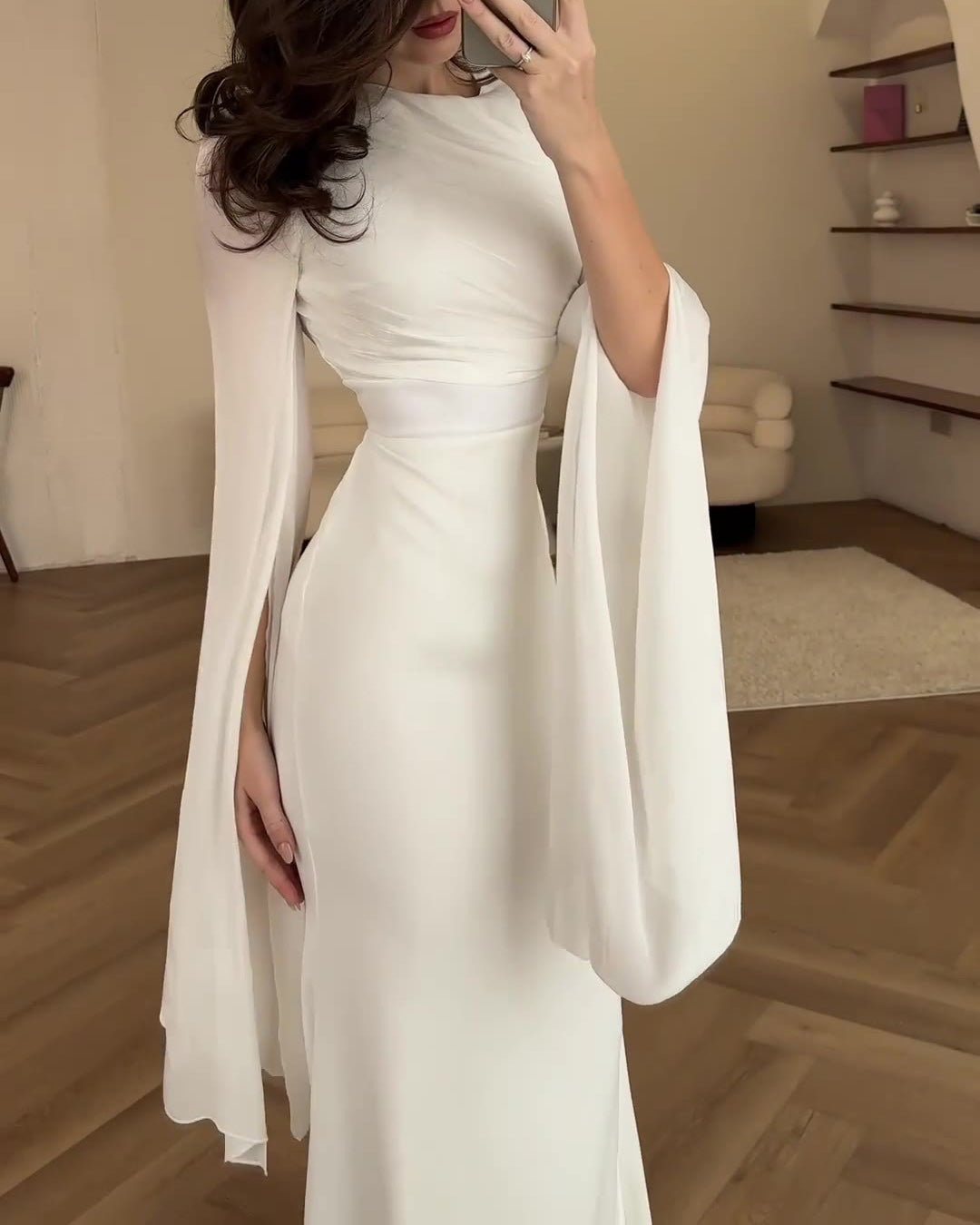 Mesh flared sleeves satin long slim dress