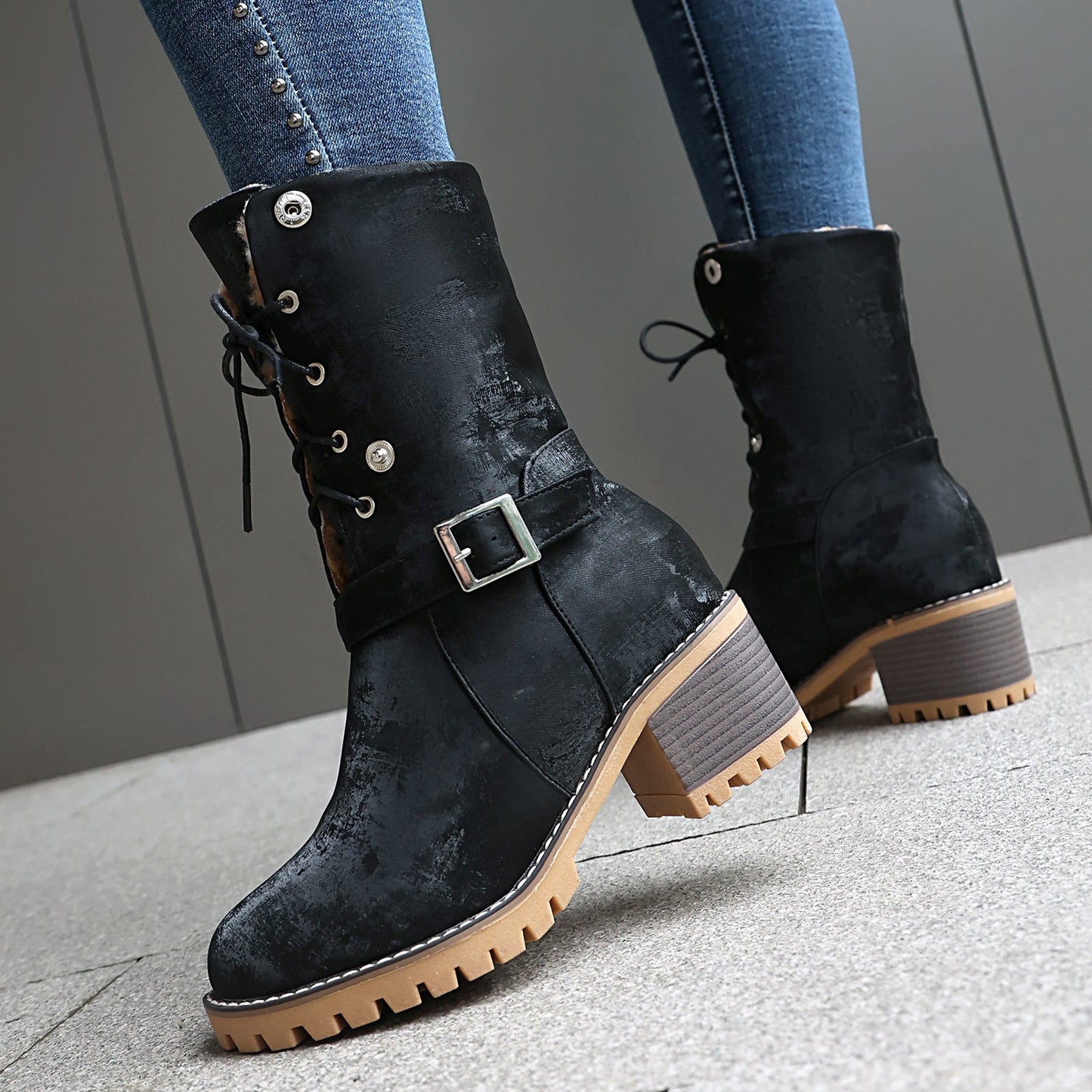 Two-way lace-up thick-heeled warm furry low boots