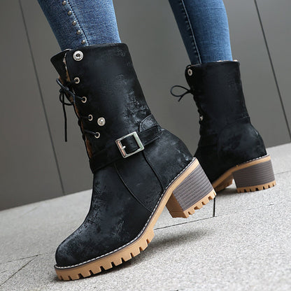 Two-way lace-up thick-heeled warm furry low boots