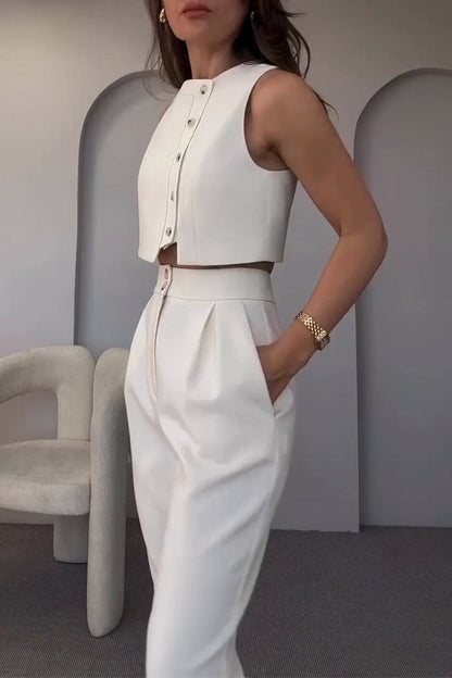 Sleeveless Button-Down Vest Top High-Waisted Cropped Pants Two-Piece Set