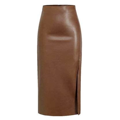 Slit high waist zipper PU leather skirt