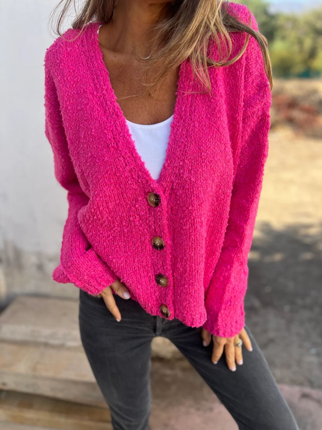 Solid Color Polar Fleece Button Knit Cardigan