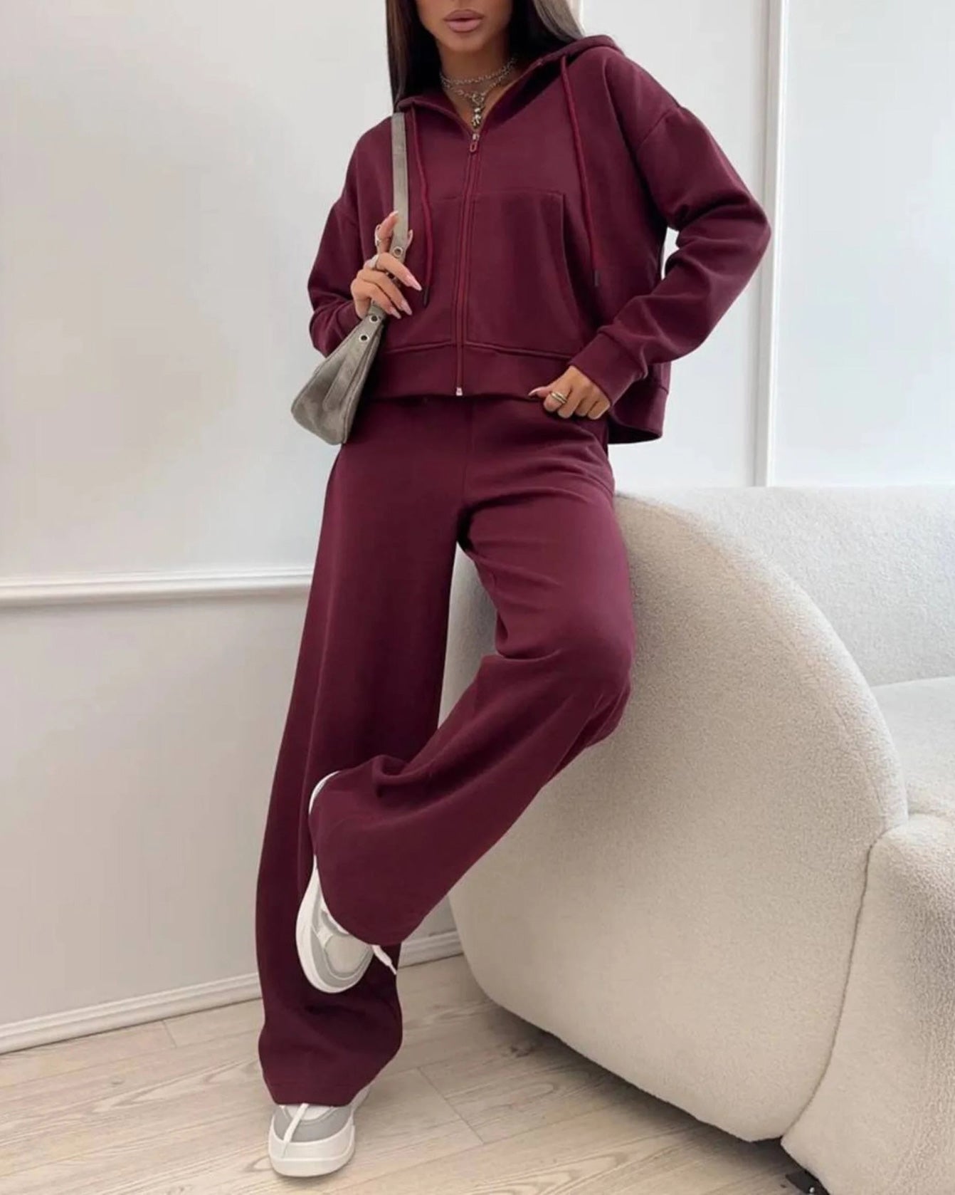 Zippered hooded sweatshirt and lace-up trousers two-piece set
