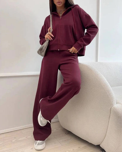 Zippered hooded sweatshirt and lace-up trousers two-piece set