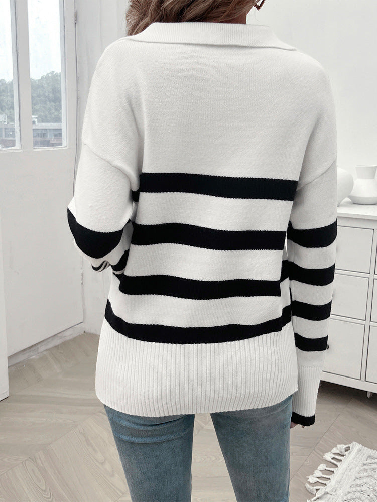 Loose-fitting striped lapel knitted sweater