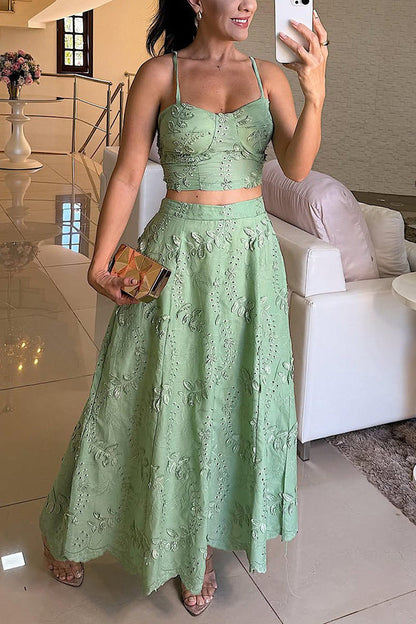 Two-piece camisole top and lace casual holiday skirt set