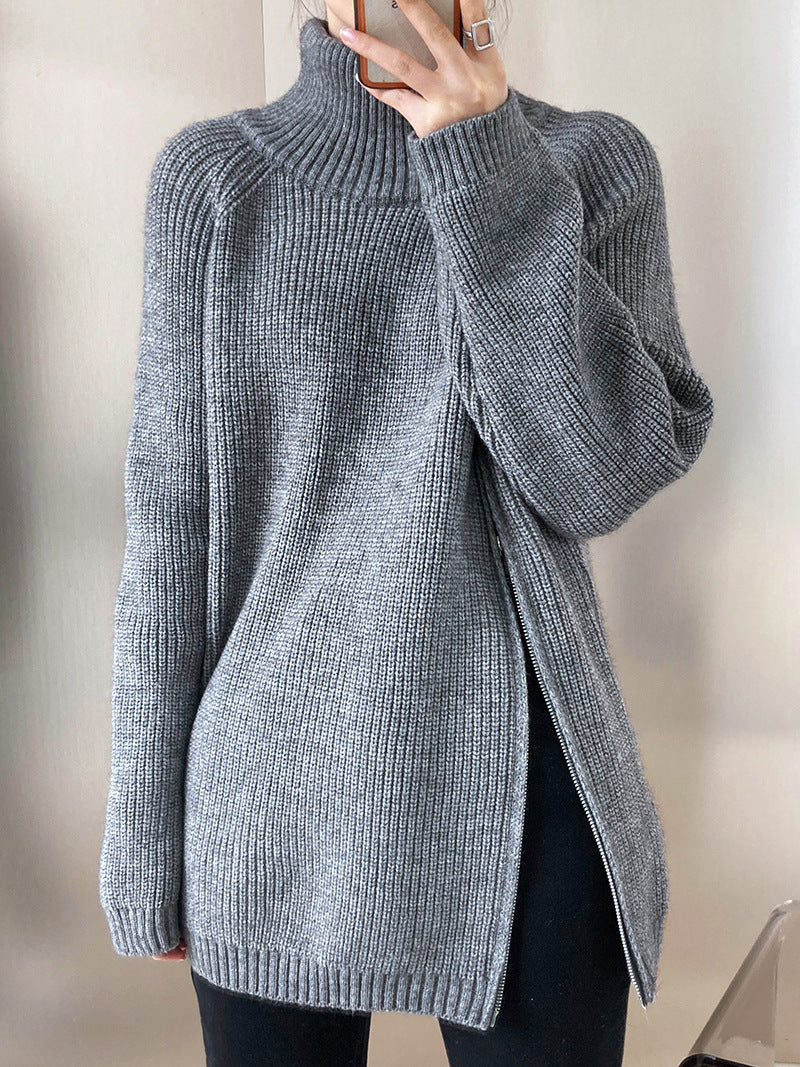 Turtleneck side zip solid color knit sweater