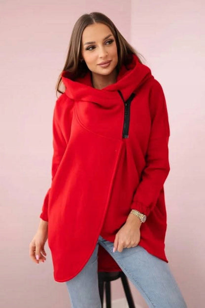 Chic Asymmetric zip-up hooded fleece sweatshirt jacket