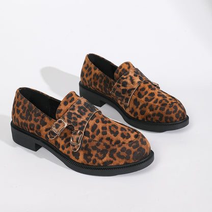 Buckled low-heeled British-style leopard-print loafers