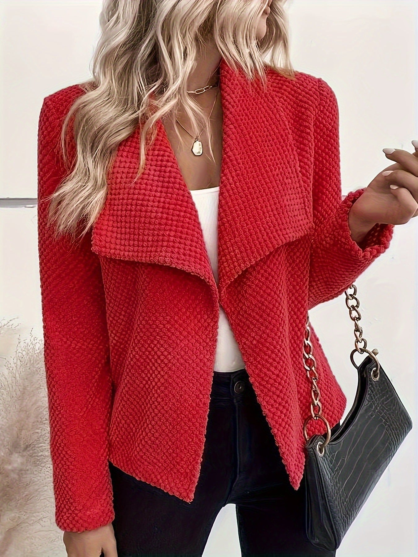 Waffle Knit Collar Solid Long Sleeve Cropped Jacket