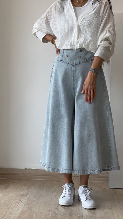 Elastic waist straight wide-leg cropped jeans