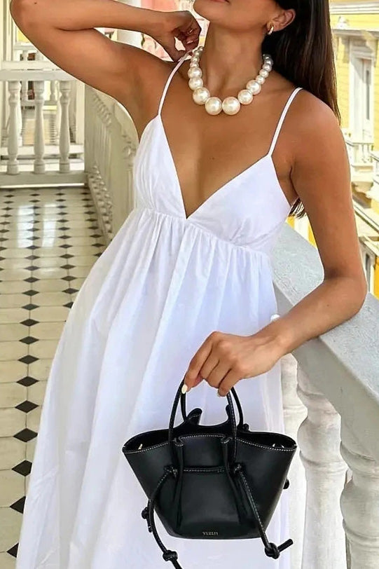 White V-neck halter top large hem dress