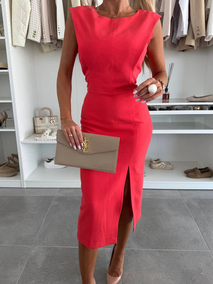 Round neck elegant slit solid color slim dress