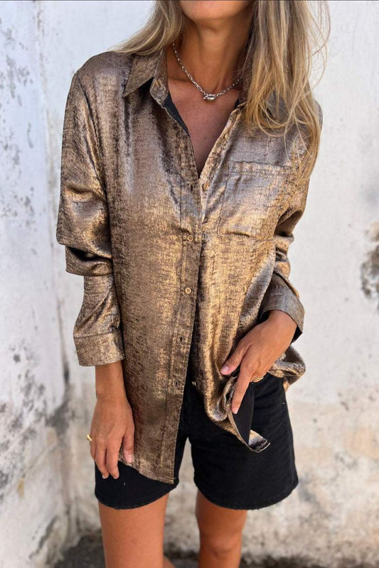 Chic Metallic Suede Lapel Shirt