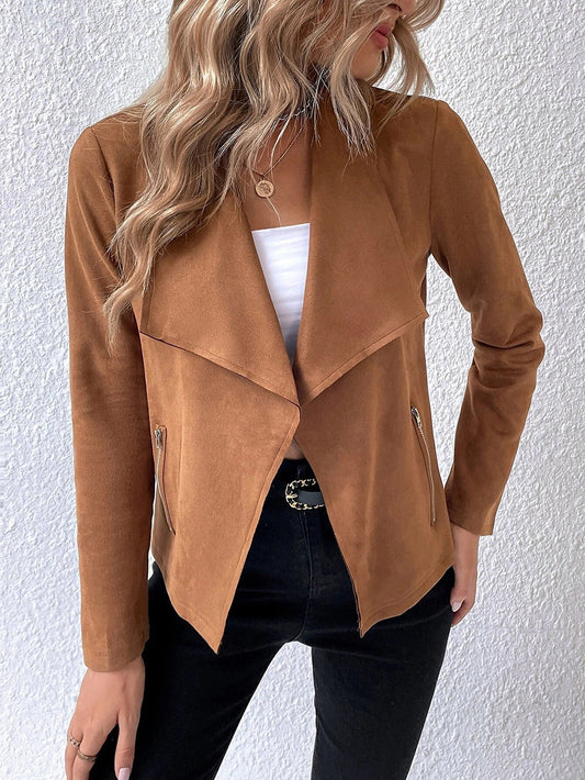 Suede Collar Solid Long Sleeve Cropped Jacket