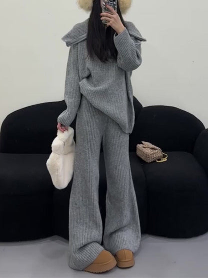 Loose-fitting large lapel half-zip knit sweater and wide-leg pants two-piece suit