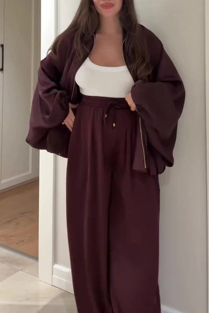 Lantern-sleeve zipper jacket and elastic waistband wide-leg pants two-piece set