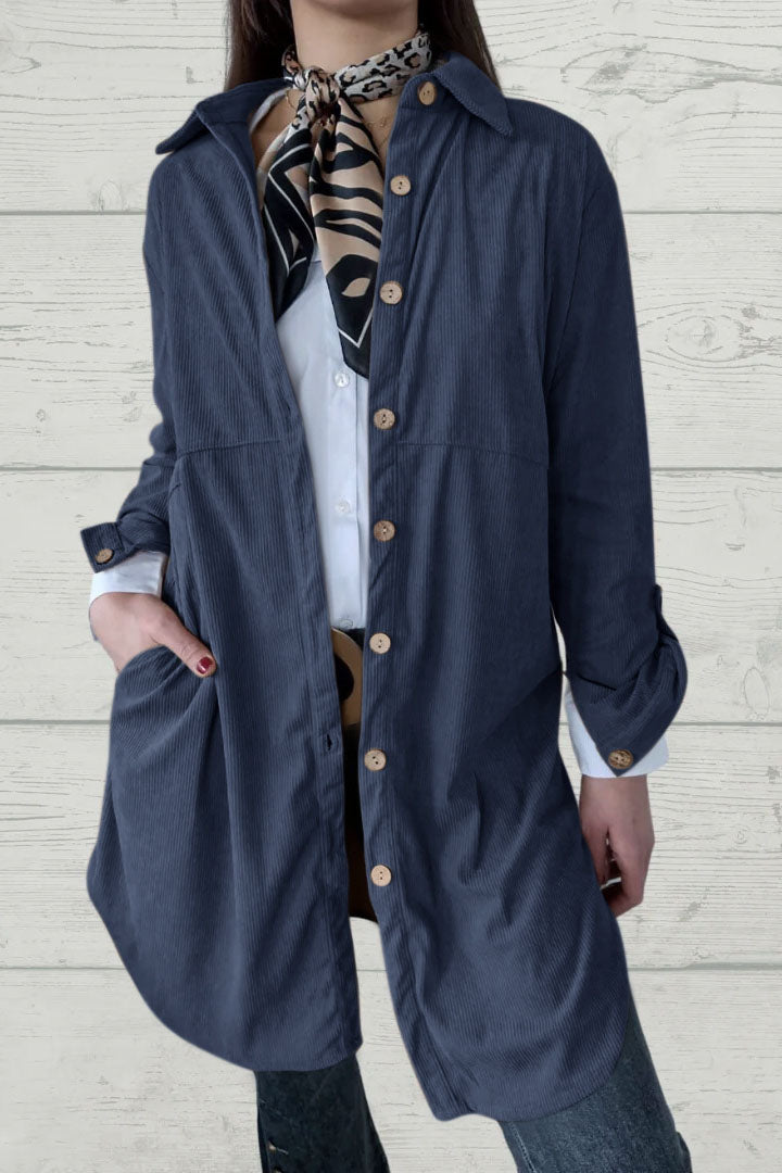 Corduroy solid color lapel pocket mid-length coat