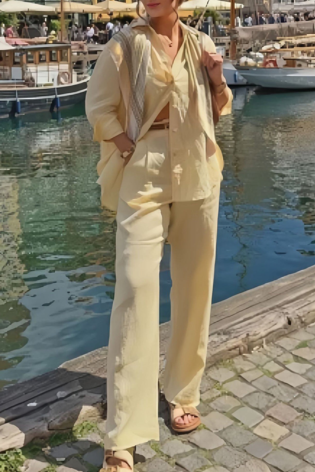 Cotton and linen loose long-sleeved shirt and suit pants two-piece suit