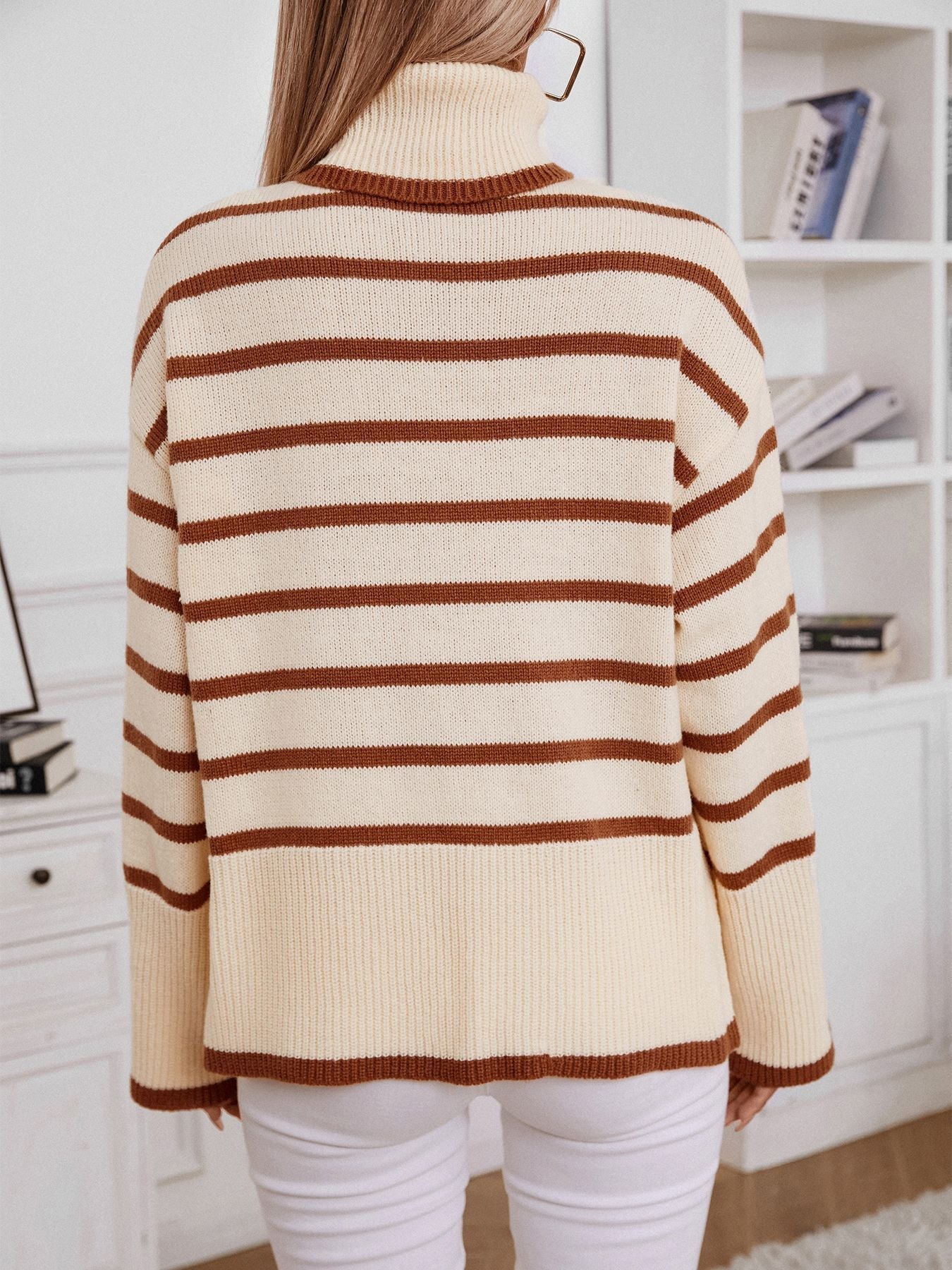 Loose Fitted Turtleneck Striped Knit Sweater