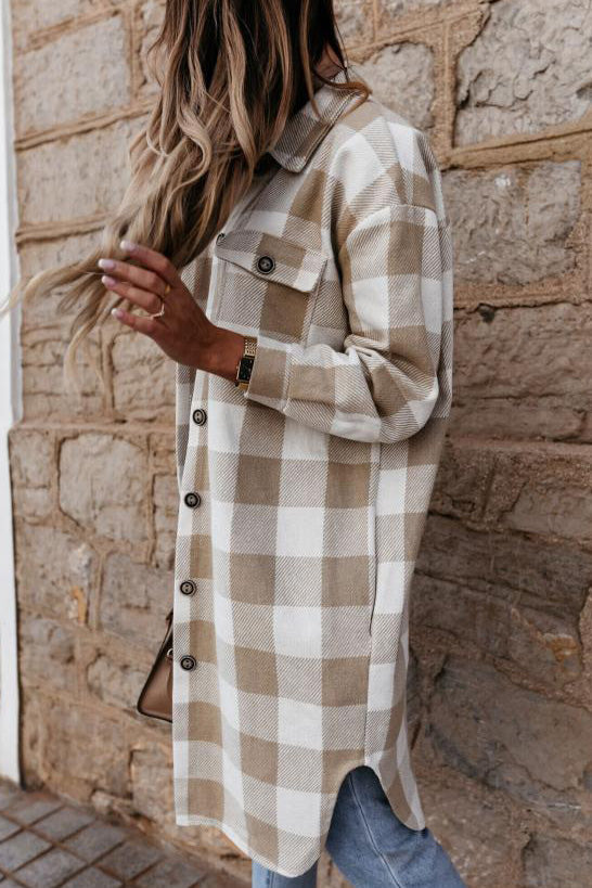 Long lapel single-breasted plaid shirt jacket