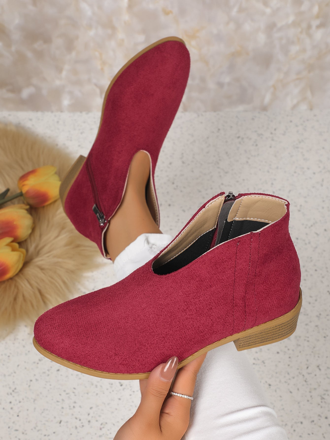 Side zipper round toe suede square heel ankle boots