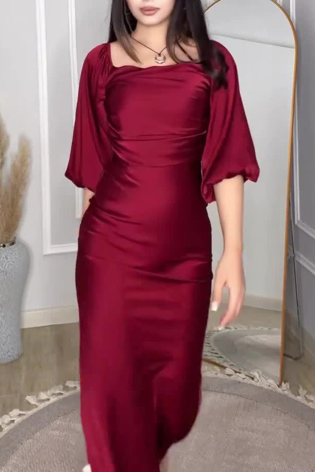 Chic Satin mid-length puff sleeve maxi dress