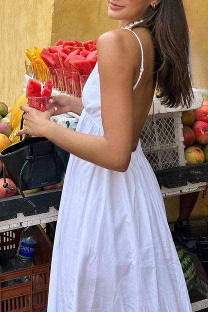 White V-neck halter top large hem dress