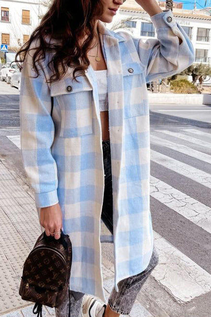 Long lapel single-breasted plaid shirt jacket