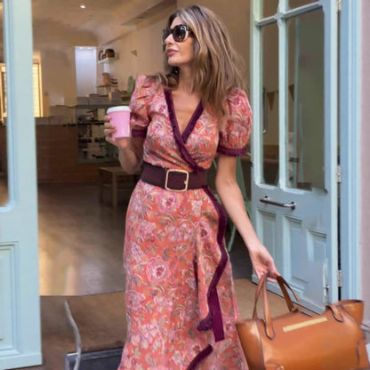 Pink Floral Wrap Maxi Dress with Puff Sleeves for Women - Rita