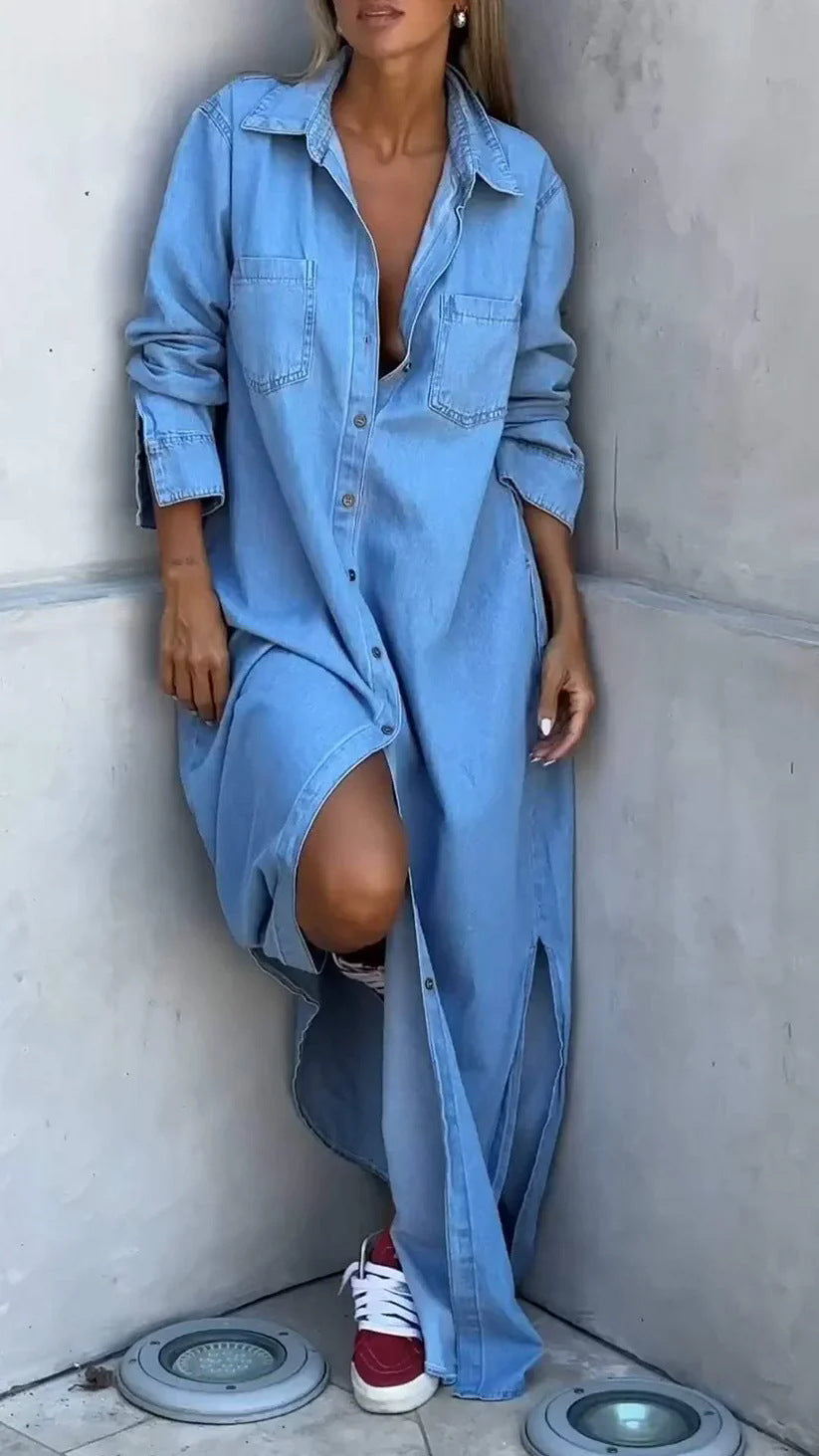 Lapel Cardigan Long Sleeve Single-Breasted Denim Maxi Dress