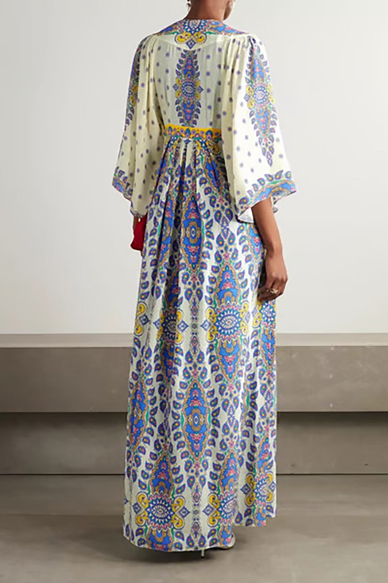 Bohemian Three-quarter sleeves printed V-neck Maxi dress