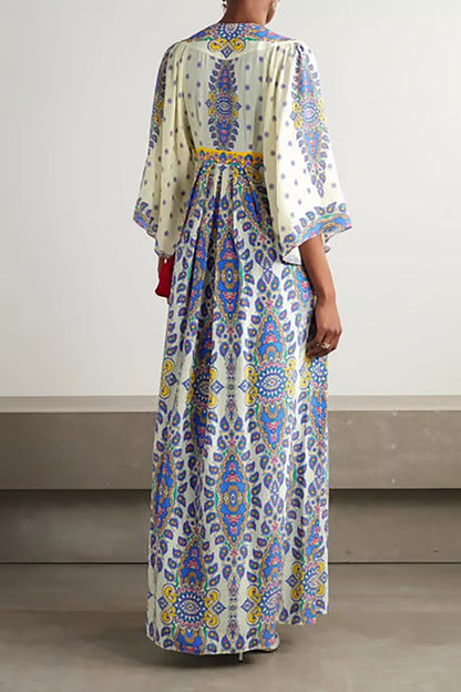 Bohemian Three-quarter sleeves printed V-neck Maxi dress