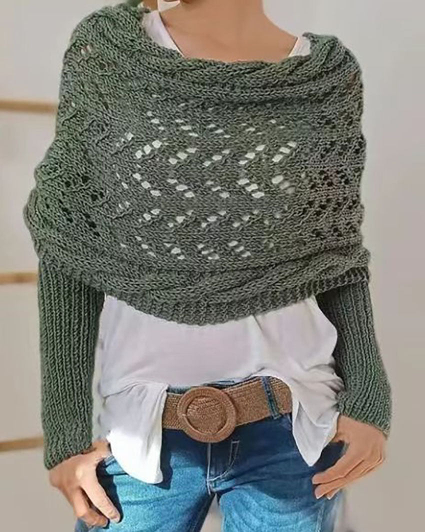 Hollow Long Sleeve Knitted Shawl Sweater