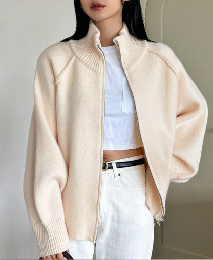Cozy solid color stand collar zipper knitted cardigan top