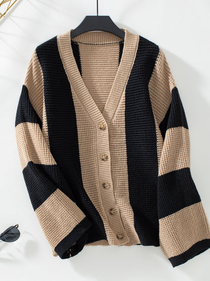 Loose vertical striped button-down knitted cardigan