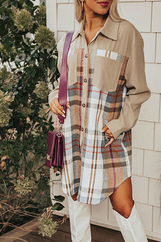 Single-breasted plaid patchwork shirt dress