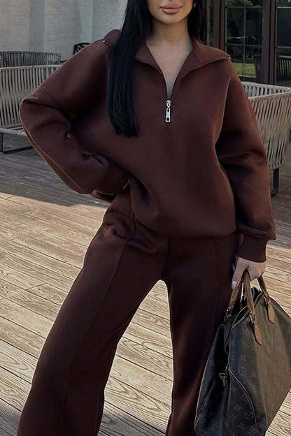 Thrifted Vibes half-open pullover sweatshirt and pants two-piece set