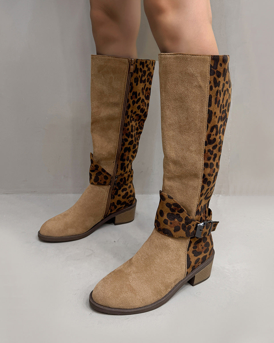 Suede upper with leopard back round toe thick heel boots