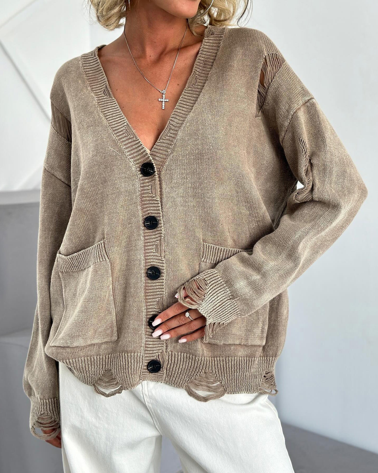 Cozy distressed deep V-neck single-breasted loose wool cardigan