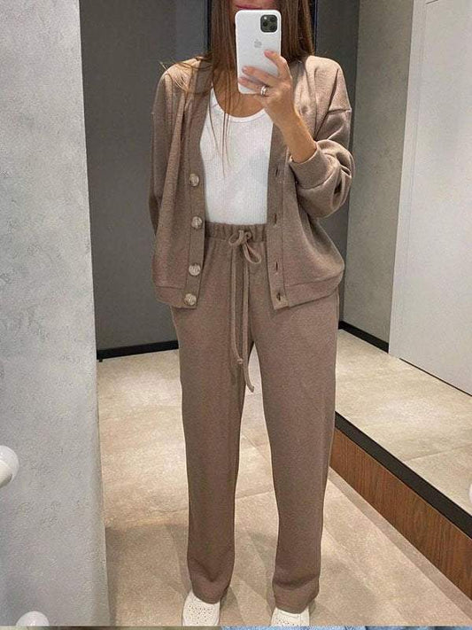 V-neck button-down knitted jacket and wide-leg pants two-piece set