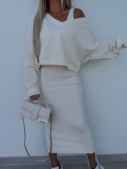 Solid Color V-Neck Long Sleeve Sweatshirt Suspender Slim Maxi Dress Two Piece Set