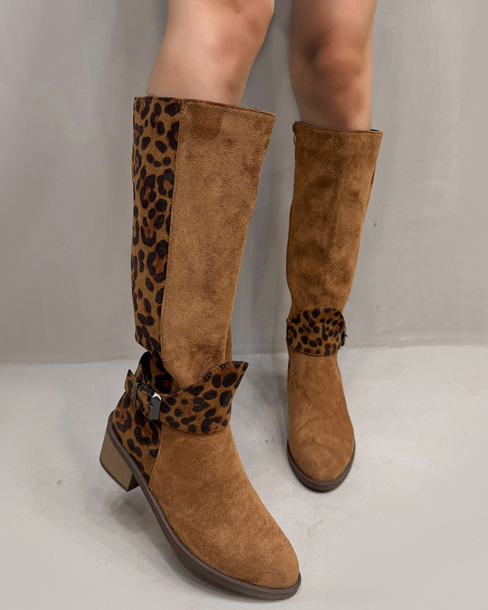 Suede upper with leopard back round toe thick heel boots