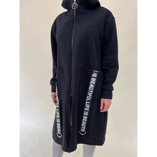 Chic pockets design High collar Long hooded sweatshirt jacket